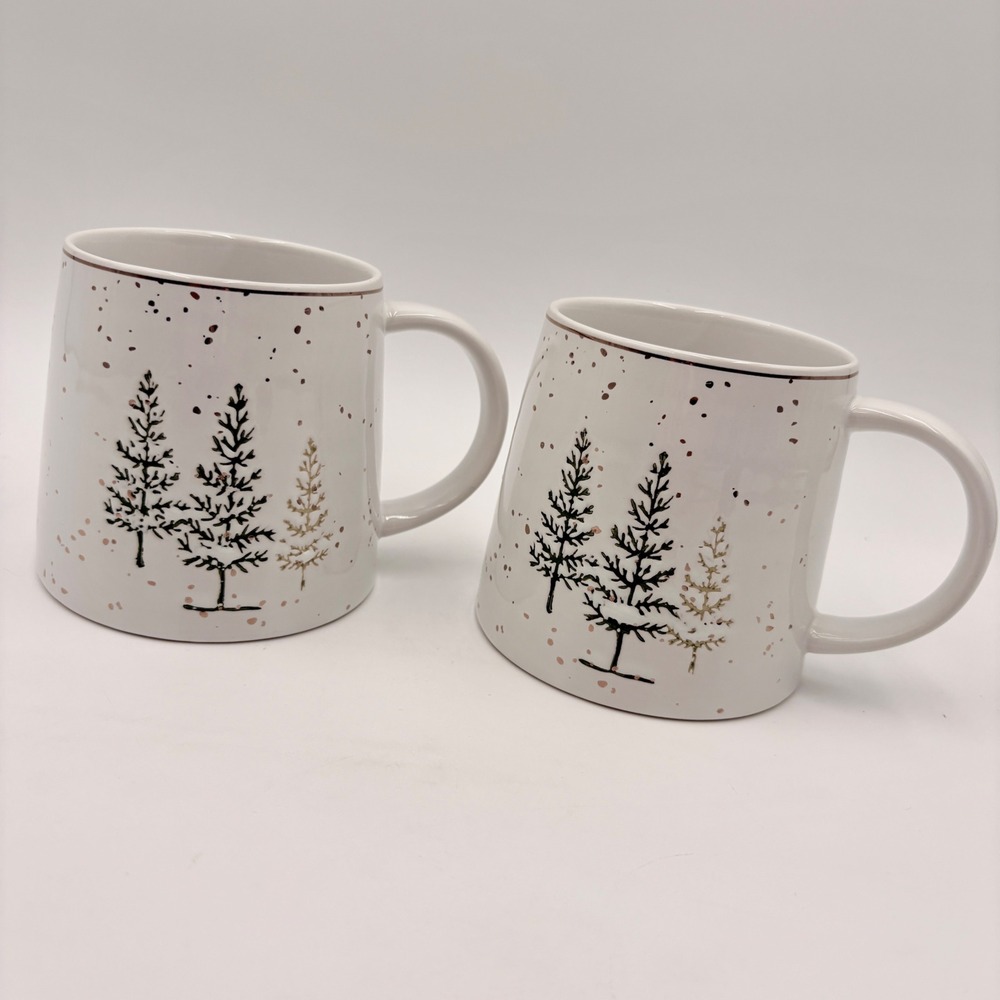Potter's Studio Winter Pine Tree Christmas Holiday Mug Set White Gold Speckle